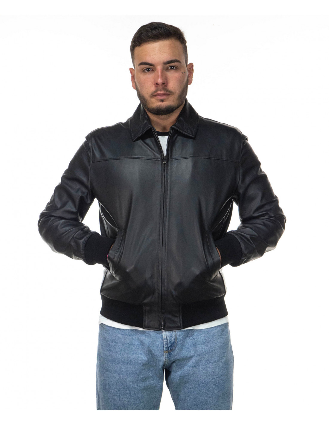 Men's bomber jacket in genuine black leather 100% made in Italy