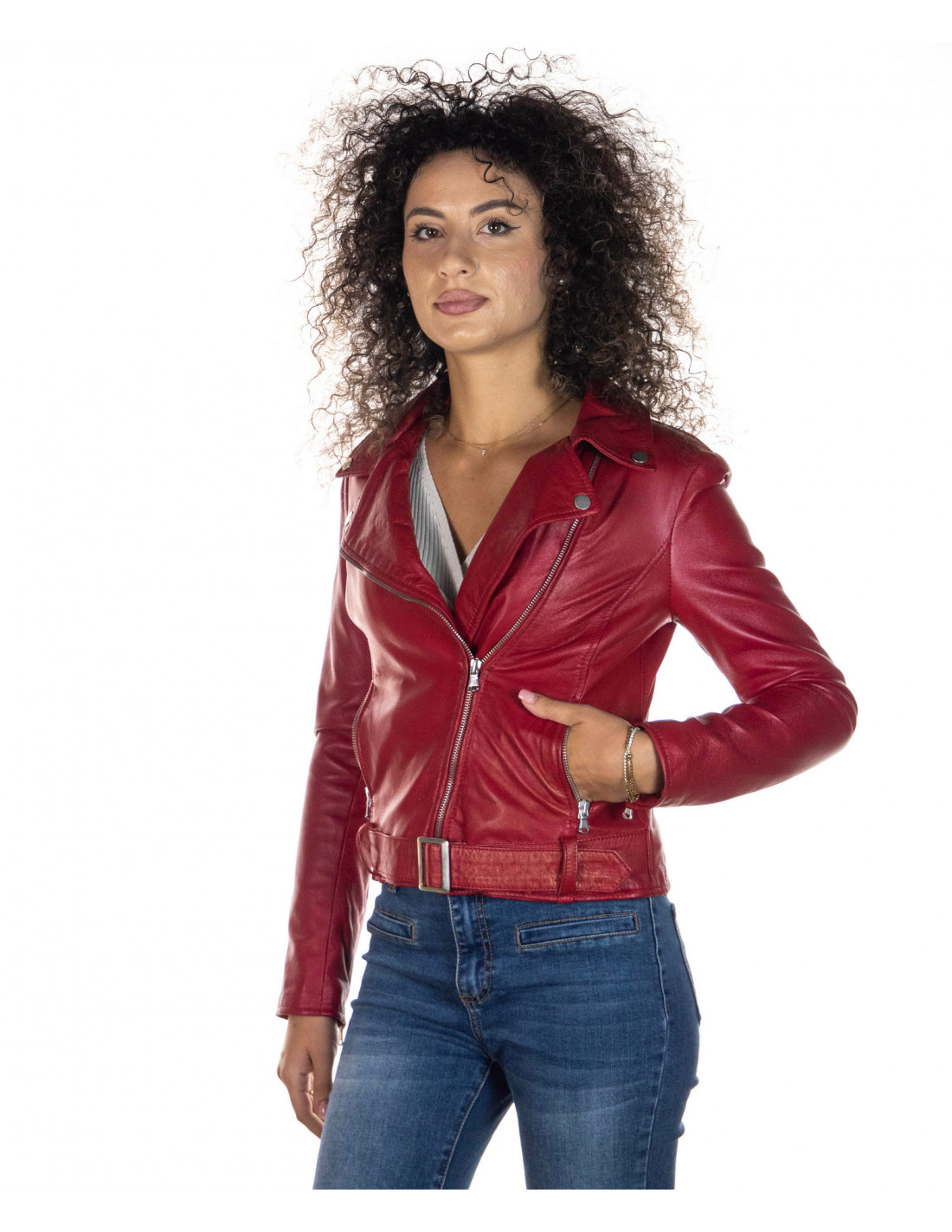 perfecto red leather woman