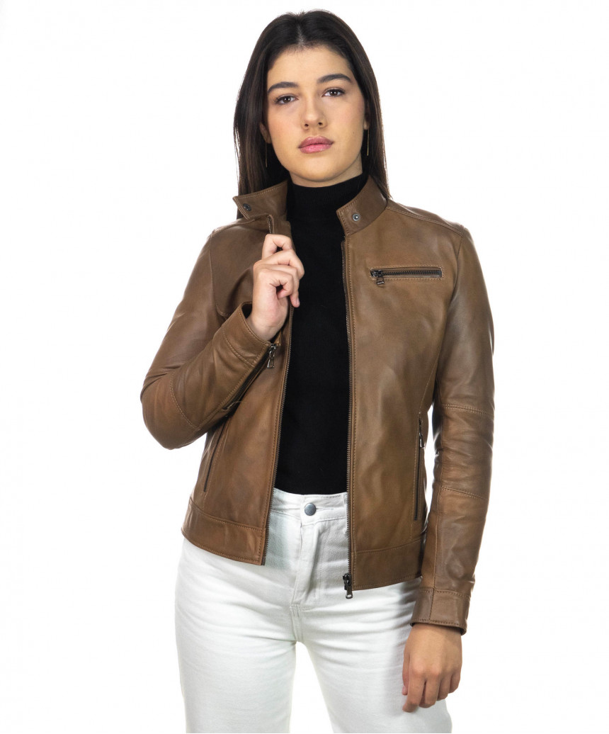 Women's Tan Biker Asymmetrical Leather Jacket - Classic Style In Europe