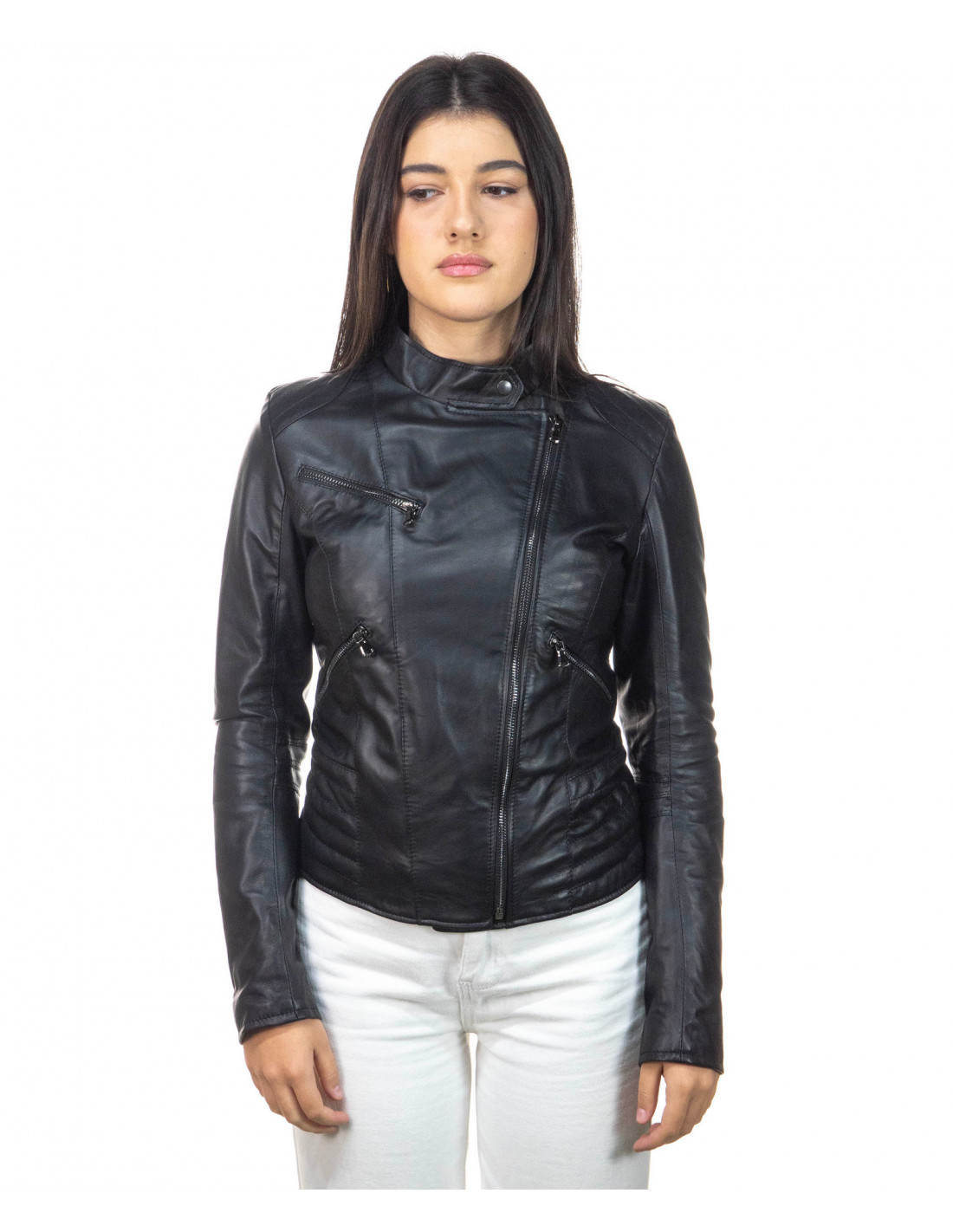 Woman leather jacket mod. Raff in genuine Black leather 100% made in Italy